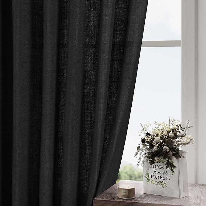 Nanspring Long Black Curtain 105 inches Long 2 Panels Set for Living Room Back Tab Modern Farmhouse Muslin Look Decor Cotton Textured Black Sheer Linen Curtains 105 inch Length for Large Window