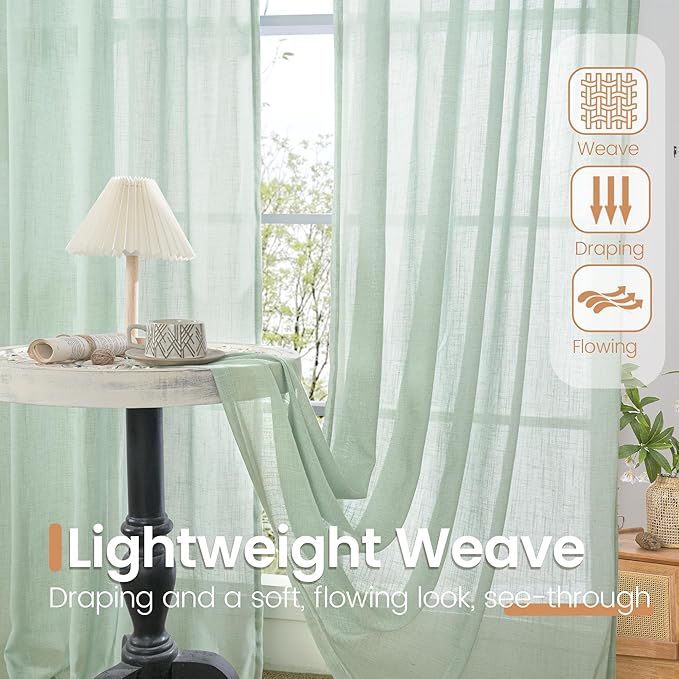 BGment Light Green Linen Semi Sheer Curtains 84 Inches Long for Living Room - Spring Boho Sage Drapes Light Filtering Window Treatments Decor with Rod Pocket for Dining Bedroom, 2 Panels, 52 X 84 Inch