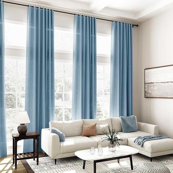 Nanspring Blue Curtains 132 Inches Long 2 Panels for Living Room Back Tab Rod Pocket Semi Sheer Linen Drapes Neutral Room Decor Blue Curtain Ceiling to Floor Length for Dining Room 52x132