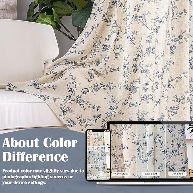 Lazzzy Farmhouse Linen Curtains Blue Floral Curtains 96 Inch Long Back Tab Drapes for Living Room Bedroom Light Filtering Country Vintage Rod Pocket Curtain, 2 Panels, Blue on Beige