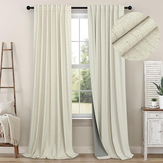 Primitive Curtain 108 Inch Long 2 Panels Burg Linen Textured 9 ft Floor Length to Ceiling Traverse Curtains for Living Room Extra Wide Extreme Blackout Drapes Sun Blocking Sound Absorbing Cream Beige