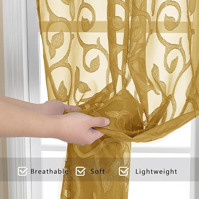 OWENIE Furman Gold Sheer Curtains 45 Inch Length 2 Panels Set for Living Room Bedroom Bathroom Window, Airy Jacquard Clip Short Curtains for Small Window, 40Wx45L inch