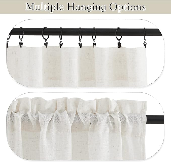 RYB HOME Window Topper Valances - Flax Linen Curtains Half Privacy Protected Soften Sunlight Sheer Curtains for Kitchen, Living Room, Guest Room, Linen, Wide 36 x Long 63, 2 Pack