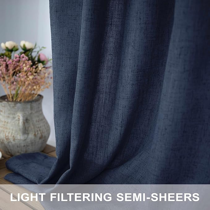 Pitalk Navy Extra Long Curtains 120 Length for Living Room 2 Panels Back Tab Loop Pocket Light Filtering Soft Linen Semi Privacy Sheer Dark Blue Curtains for Dining Room Patio Door Large Windows 10FT