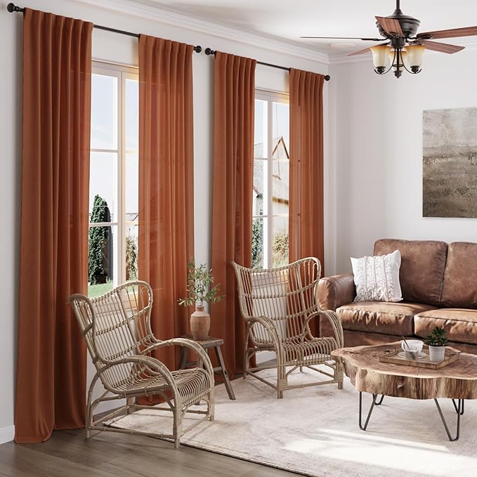 Nanspring Terracotta Curtains 80 Inches Length for Living Room Back Tab Rod Pocket Semi Sheer Linen Drapes Muted Neutral Boho Brick Burnt Orange Linen Textured Window Curtain for Dining Room 52X80