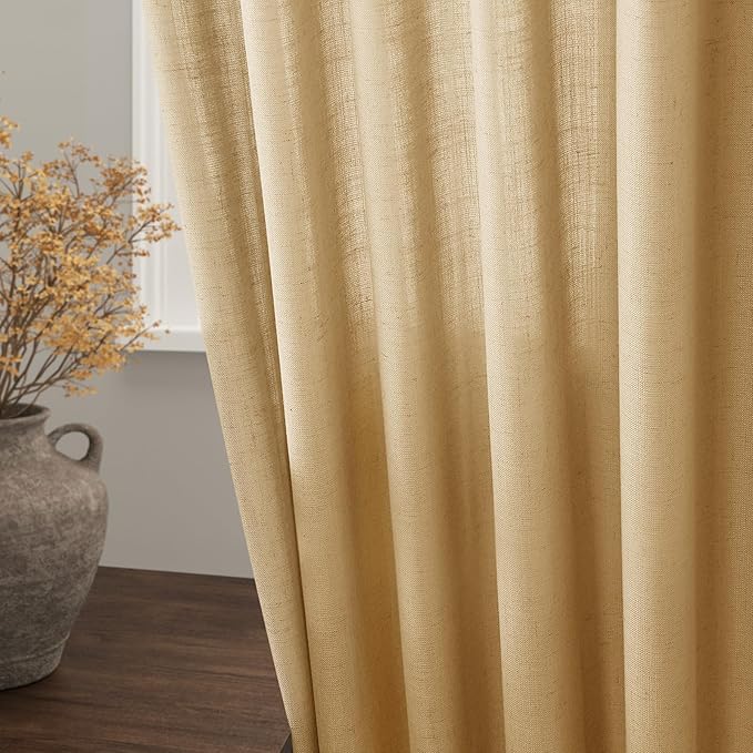 Gold Yellow Linen Curtains 84 Inch Length 2 Panels Set for Living Room Rod Pocket Back Tab Light Filtering Window Drapes for Bedroom Dining Room Protect Privacy Country Farmhouse Decor 52x84