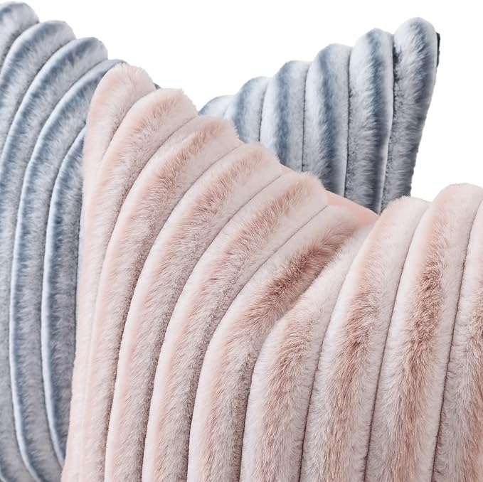 decorUhome Summer Cozy Faux Fur Throw Pillow Covers 26x26 Set of 2 Decorative Plush Striped Modern Farmhouse Boho Couch Euro Sham Pillow Cases with Velvet Back for Sofa Bed Living Room, Pink White