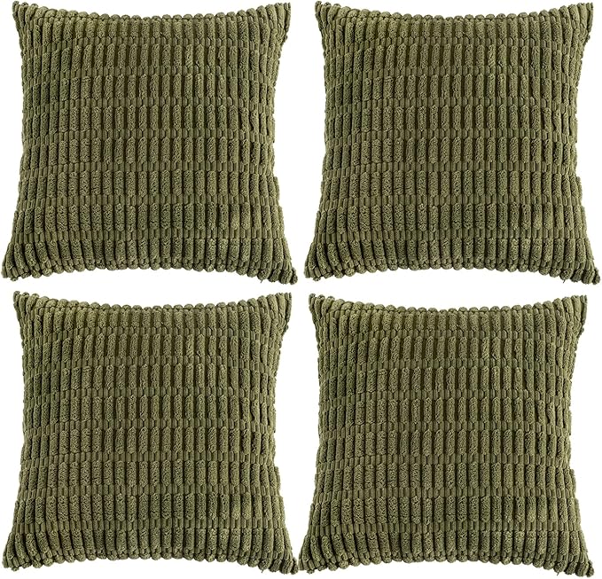 Fancy Homi 4 Packs Boho Moss Green Decorative Throw Pillow Covers 24x24 Inch for Couch Bed Sofa, Rustic Modern Farmhouse Home Decor, Soft Plush Corduroy Cute Square Cushion Case 60x60 cm