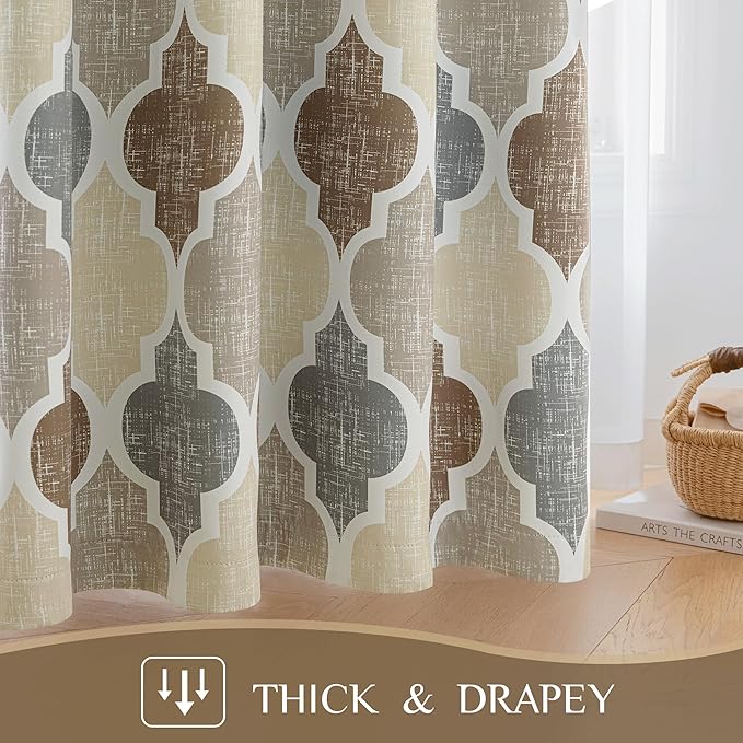 Beauoop 100% Blackout Curtains 72 Inches Long 2 Panels for Bedroom Living Room Brown Grey Moroccan Geo Room Darkening Thermal Insulated Soundproof Grommet Top Window Treatments Drapes, 50x72 Set of 2