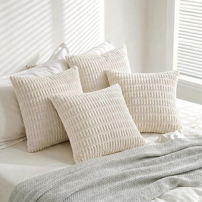 Fancy Homi 4 Packs Boho Cream Decorative Throw Pillow Covers 20x20 Inch for Living Room Couch Bed Sofa, Rustic Modern Farmhouse Home Decor, Soft Plush Corduroy Square Beige Cute Cushion Case 50x50 cm