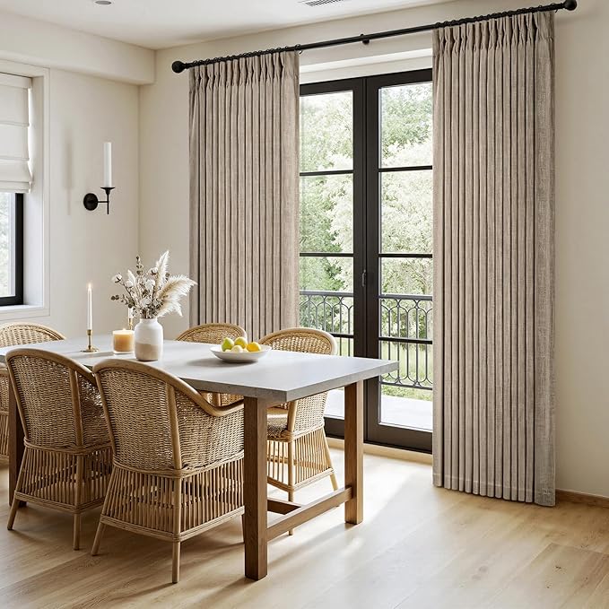 MIULEE Pinch Pleated Thick Linen Curtains 96 Inches Long 2 Panels for Living Room Bedroom, Memory Trained Pleat Drapes Light Filtering Grey Beige Semi Sheer Window Curtains Hooks Rings Back Tab