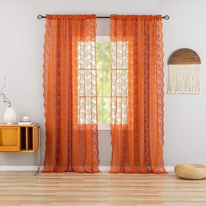 YJ YANJUN Vintage Lace Curtains 108 Inches Long- Burnt Orange Floral Sheer Curtain Panels for Living Room Dining Room Sliding Glass Door Boho Autumn Fall Decor 2 Panels 52W x 108L Light Brown Red