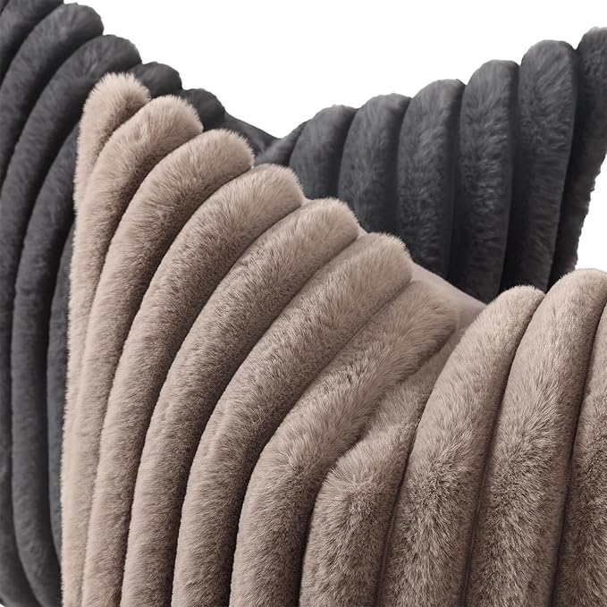 decorUhome Cozy Faux Fur Throw Pillow Covers 24x24 Set of 2 Decorative Soft Plush Striped Modern Farmhouse Boho Couch Euro Sham Pillow Cases with Velvet Back for Sofa Bed Living Room, Dark Grey