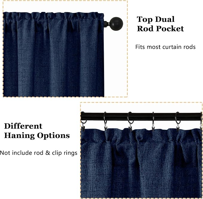 OWENIE Navy Blue Valances for Windows 1 Pcs 24 Inch Length, Light Filtering Textured Short Small Valance Curtains for Bathroom Basement Living Room, Half Window Curtains Over Sink, 60" W by 24" L