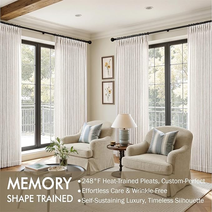 MIULEE Pinch Pleated Thick Linen Curtains 90 Inches Long 2 Panels for Living Room Bedroom, Memory Trained Pinch Pleat Drapes Back Tab Light Filtering Natural Ivory Cream Window Curtains with Hooks