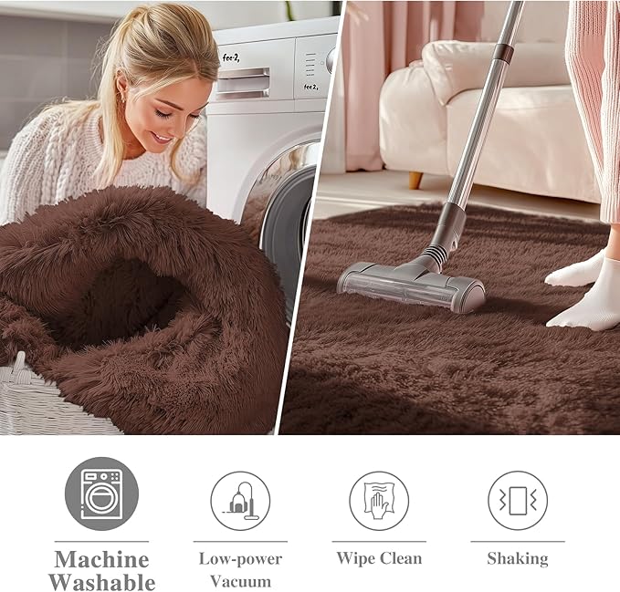 OLANLY Coffee Round Rugs for Bedroom - Machine Washable, 6 ft Circle Area Rugs for Living Room, Soft and Fluffy Shaggy Carpet for Teen Girls and Boys, Nursery Rooms, Dorms, Home Decor Aesthetic