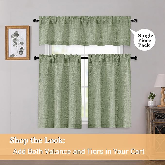 OWENIE Sage Green Valances for Windows 1 Pcs, Light Filtering Textured Farmhouse Short Small Valance Curtains for Bathroom Basement Living Room, Rod Pocket Half Curtains Over Sink, 60" W by 16" L