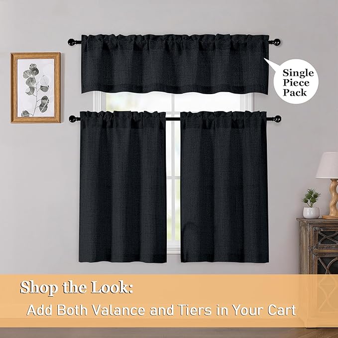 OWENIE Black Valances for Windows 1 Pcs 22 Inch Length, Light Filtering Textured Short Small Valance Curtains for Bathroom Basement Living Room Bedroom, Half Window Curtains Over Sink, 60" W by 22" L