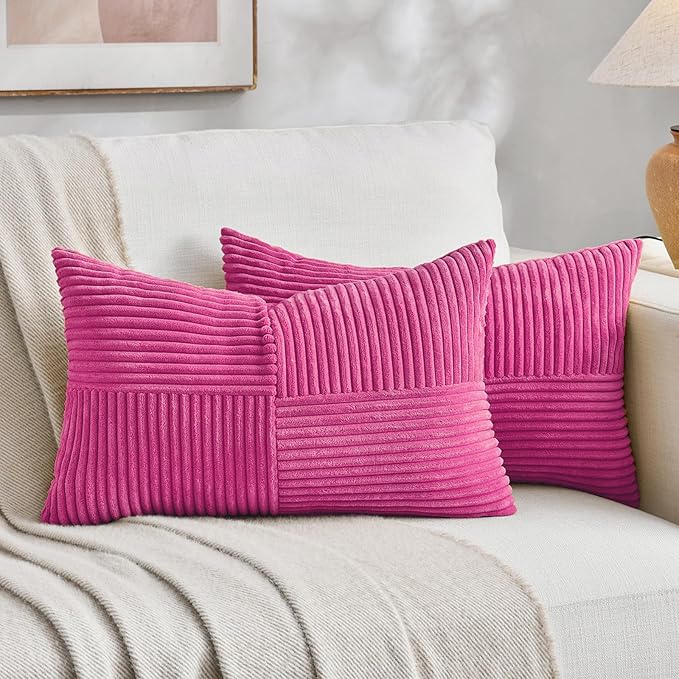 Fancy Homi 2 Packs Hot Pink Lumbar Decorative Throw Pillow Covers 12x20 Inch for Living Room Couch Bed Sofa, Rustic Farmhouse Boho Home Decor, Soft Striped Corduroy Rectangle Accent Cushion Case