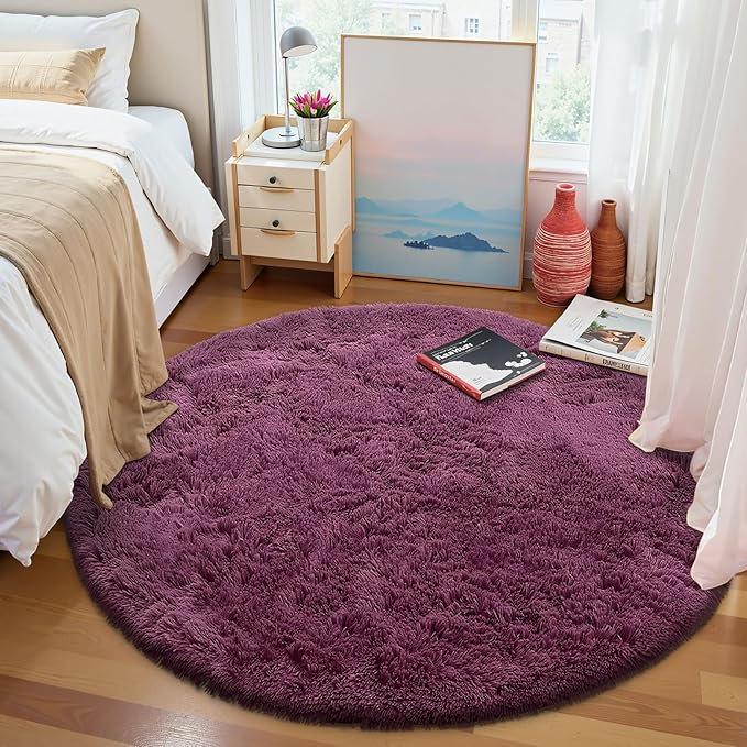 OLANLY Burgundy Round Rugs for Bedroom - Machine Washable, 4 ft Circle Area Rugs for Living Room, Soft and Fluffy Shaggy Carpet for Teen Girls and Boys, Nursery Rooms, Dorms, Home Decor Aesthetic