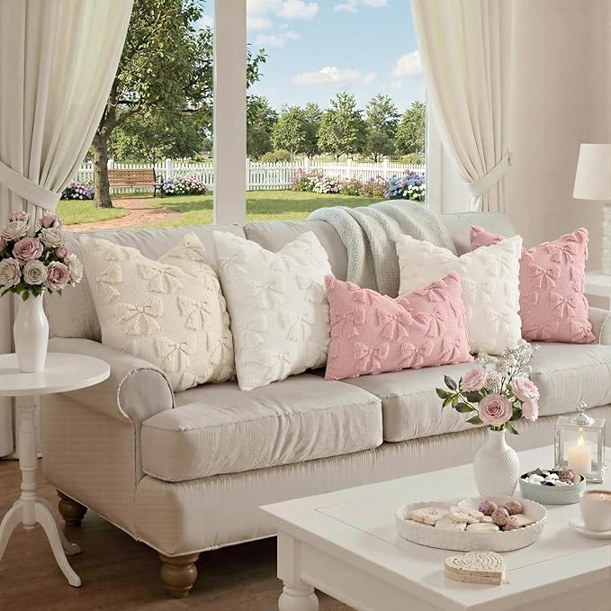 decorUhome Pink Bow Pillow Covers Set of 2 Coquette Aesthetic Cute Preppy Plush Faux Pillowcases for Girly Bedroom or Couch 12x20 Inch