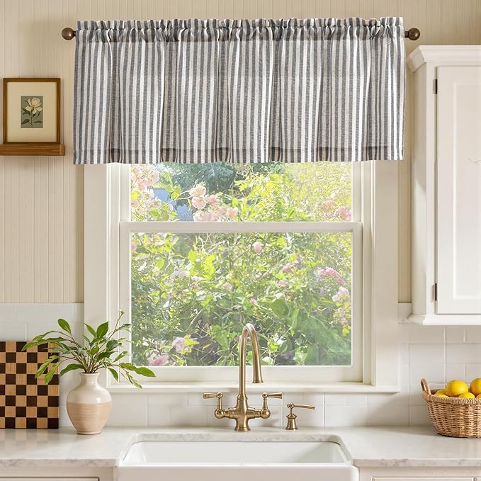 jinchan Linen Stripe Curtain Valance for Windows 16 Inch Light Filtering for Kitchen Living Room Bathroom Rustic Cottage Farmhouse Window Treatment Rod Pocket Design 1 Panel Black on Linen