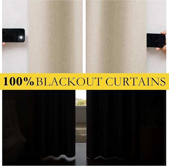 NICETOWN Cream 100% Blackout Linen Curtains 72 inch Long Burg for Playroom, 1 Pair, 62" Width Each Panel, Farmhouse Thick Completely Blackout Window Treatment Thermal Insulated Drapes