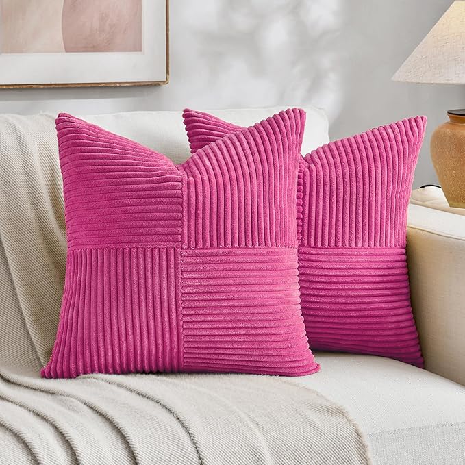 Fancy Homi 2 Packs Hot Pink Decorative Throw Pillow Covers 22x22 Inch for Living Room Couch Bed, Rustic Farmhouse Boho Home Decor, Soft Corss Corduroy Patchwork Accent Square Cushion Case 55x55 cm