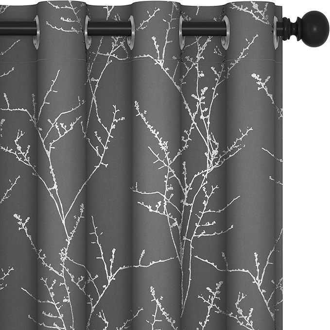Deconovo Grey Blackout Curtains for Bedroom, Thermal Insulated Soundproof Drapes, Silver Branch Foil Print, 52 x 63 Inches Long, 2 Panels, Machine‑Washable Grommet Window Panel for Living Room Office