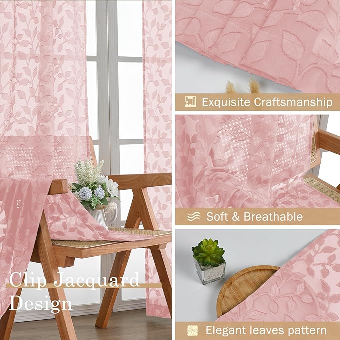 Chyhomenyc Blush Pink Short Curtains 45 Inch Length 2 Panels, Light Filtering Leaf Textured Window Curtain Panels for Bedroom Living Room, Elegant Rod Pocket Farmhouse Curtains, 30" Wx45 L, 2 PCS