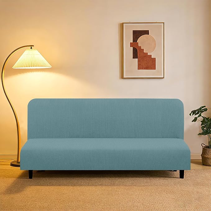 U-NICE HOME Stretch Futon Cover Armless Bed Slipcover - Soft Jacquard Fabric Washable for Pet Friendly, Light Blue