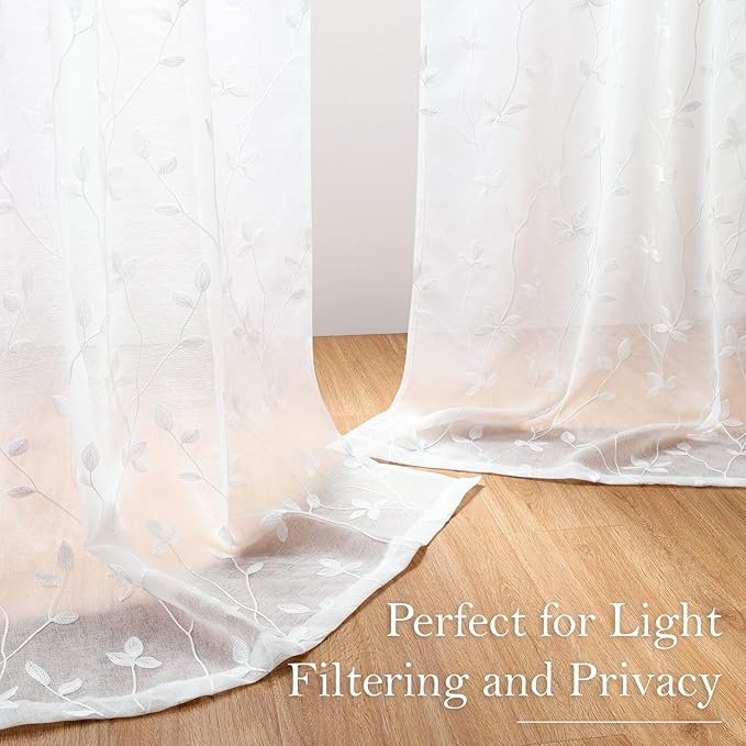 HOMEIDEAS White Sheer Curtains 52 X 63 Inches Length 2 Panels Embroidered Vine Floral Pattern Pocket Faux Linen Semi Sheer Voile Window Drapes for Bedroom Living Room