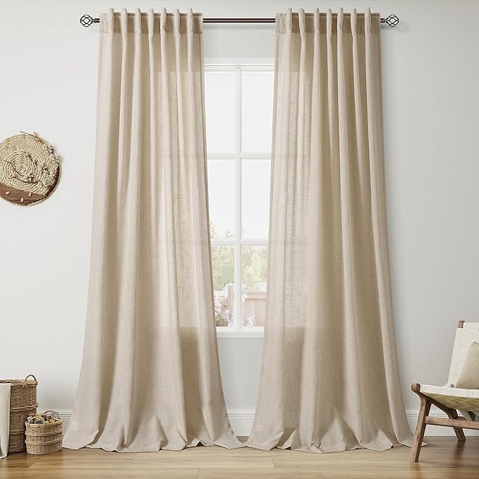 Nanspring Taupe Burlywood Curtains 90 Inches Long for Living Room Linen Blend Semi Sheer Country Farmhouse Decor Curtains Back Tab Privacy Burlap Textured Curtain for Bedroom 52x90, 2 Panels