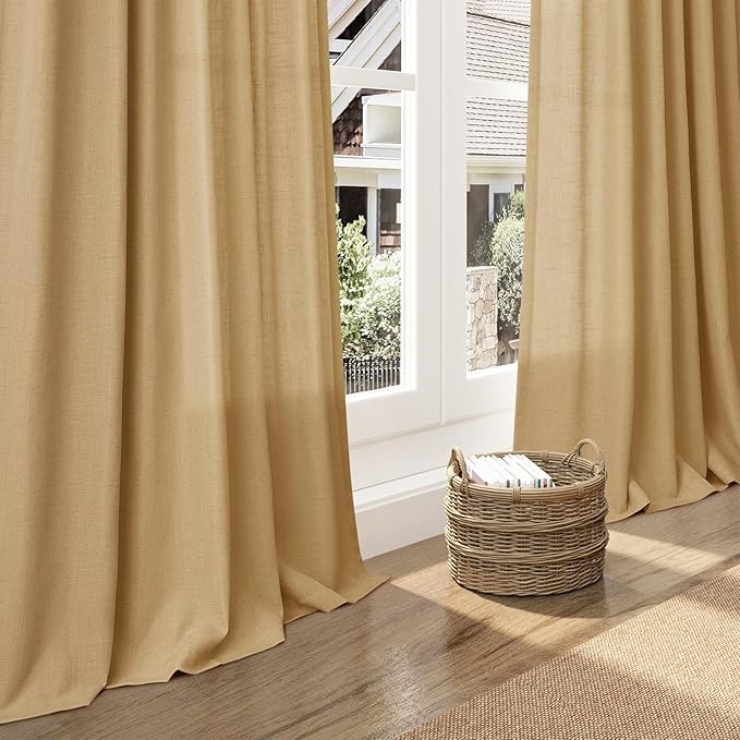 Gold Yellow Linen Curtains 84 Inch Length 2 Panels Set for Living Room Rod Pocket Back Tab Light Filtering Window Drapes for Bedroom Dining Room Protect Privacy Country Farmhouse Decor 52x84