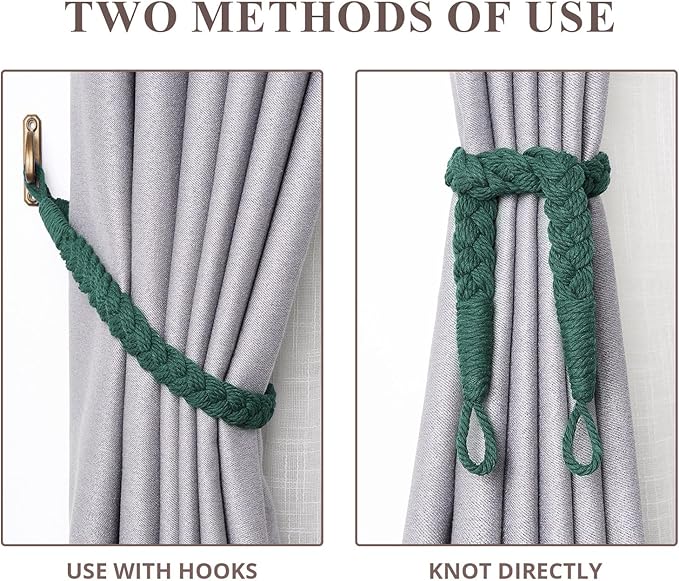 NICEEC 4 Pack Natural Cotton Rope Curtain Tiebacks Elegant Boho Style Decorative Drape Tie Backs Soft Hand-Woven Rope Curtain Holdbacks with Metal Hook for Home & Office Drapery (Dark Green)