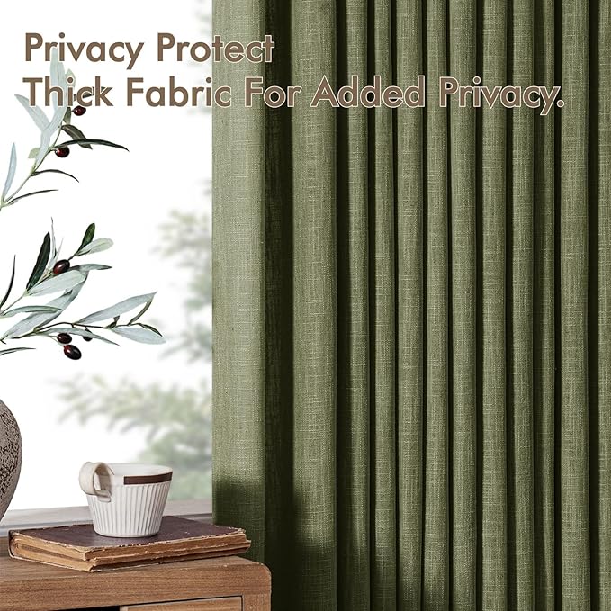 MIULEE Olive Green Pinch Pleated Thick Linen Curtains 102 Inches Long 2 Panels for Living Room Bedroom, Linen Texture Drapes Memory Trained Semi Sheer Moss Green Window Curtains with Hooks&Rings