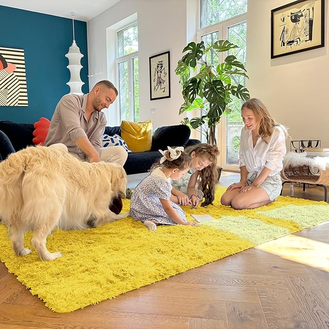 OLANLY 2x3 Machine Washable Small Bedside Rug, Soft Fluffy Shaggy Entryway Throw Rugs for Bedroom, Living Room, Indoor Floor Carpet for Kids Girls and Boys, Nursery Rooms, Home Decor Aesthetic, Yellow