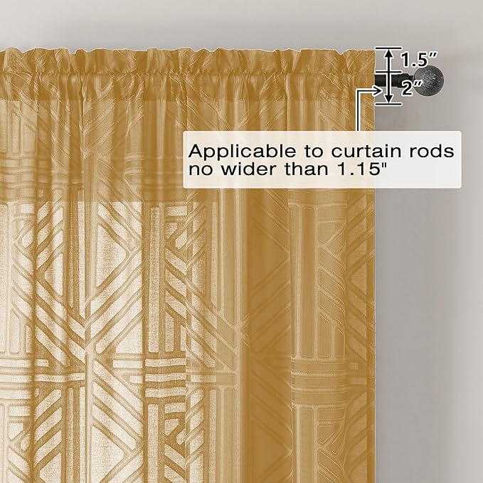 Simplebrand Gold Semi Sheer Curtains 45 Inch Length 2 Panels, Geometric Jacquard Clip Textured Short Sheer Curtains for Bedroom，Modern Elegant Window Curtains Drapes/Treatment Sheer，42x45 inch