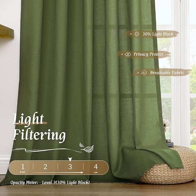 LAMIT Olive Green Linen Curtains 48 Inch for Short Windows, Soft Linen Textured Light Filtering Panels Farmhouse Boho Rod Pocket Drapes for Kitchen/Loft Room, 2 Panels, 42 x 48 Inch