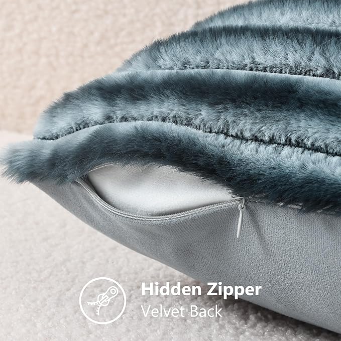 decorUhome Cozy Faux Fur Throw Pillow Covers 12x20 Set of 2 Decorative Soft Plush Striped Lumbar Modern Farmhouse Boho Couch Pillow Cases with Velvet Back for Sofa Bed Living Room, Blue Grey