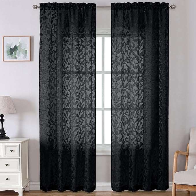 Lecloud Leia Black Sheer Curtains 108 Inches Long 2 Pcs, Elegant Jacquard Leaf Textured Living Room Curtains for Bedroom Decor, Voile Light Filtering Rod Pockets Drapes, Each Panel 52" W x 108" L
