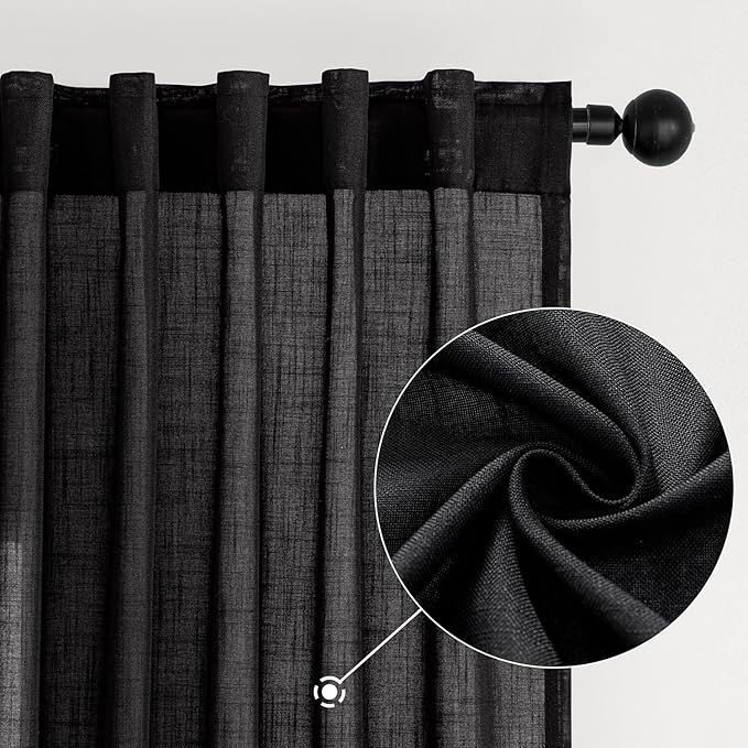 MIULEE Black Linen Curtains 96 Inch Length 2 Panels for Bedroom Living Room, Soft Thick Linen Textured Back Tab Window Drapes Semi Sheer Light Filtering Rod Pocket Modern Farmhouse Halloween Decor