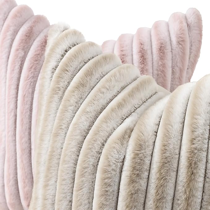 decorUhome Summer Cozy Faux Fur Throw Pillow Covers 22x22 Set of 2 Decorative Plush Striped Modern Farmhouse Boho Couch Euro Sham Pillow Cases with Velvet Back for Sofa Bed Living Roomr, Beige White