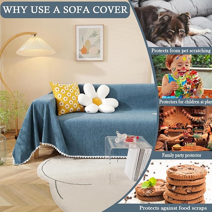 HANDONTIME Loveseat Cover Navy Blue Couch Covers Easy Fitted Sofa Covers for 3 Cushion Couch Universal Sofa Cover Durable Furniture Protector with Lace Sofa Throw Cover for Kids Dogs Pets, 71" X118"