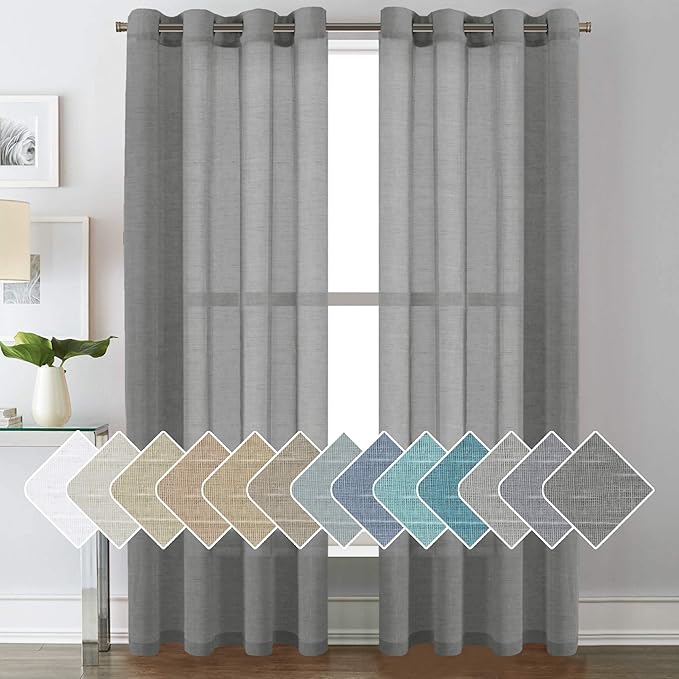 H.VERSAILTEX Linen Curtains Flax Linen Blended Curtain Panels for Living Room/Bedroom Semi Sheer Privacy Curtains 84 inch Length 2 Panels Set Nickel Grommet Window Drapes(Set of 2, Charcoal Grey)
