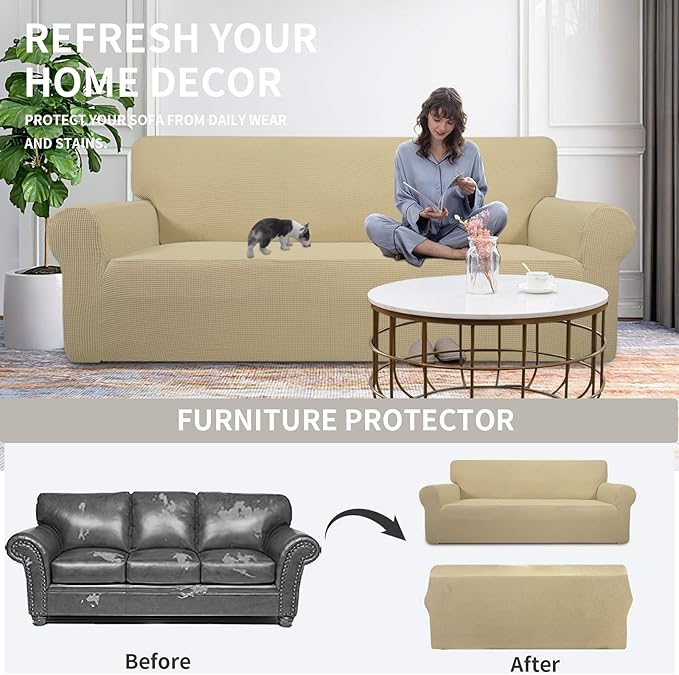 Easy-Going Stretch Oversized Loveseat Slipcover 1-Piece Sofa Cover Furniture Protector Couch Soft with Elastic Bottom for Kids Polyester Spandex Jacquard Fabric Small Checks Beige
