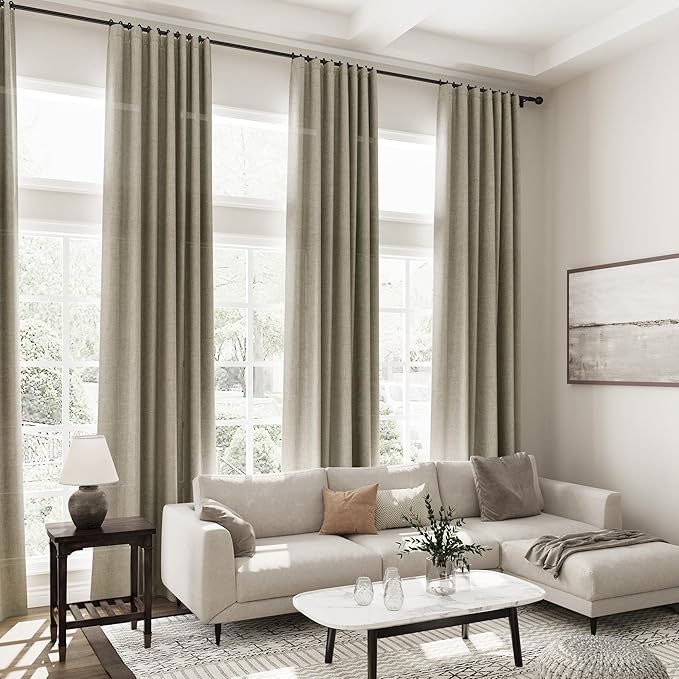 Extra Long Curtain 108 Inches Long 2 Panels Set Back Tab Mocha Linen Drapes for Living Room Neutral Farmhouse Light Filtering Semi Sheer Linen Curtains 108 Inch Length for Large Window 9 FT Tall