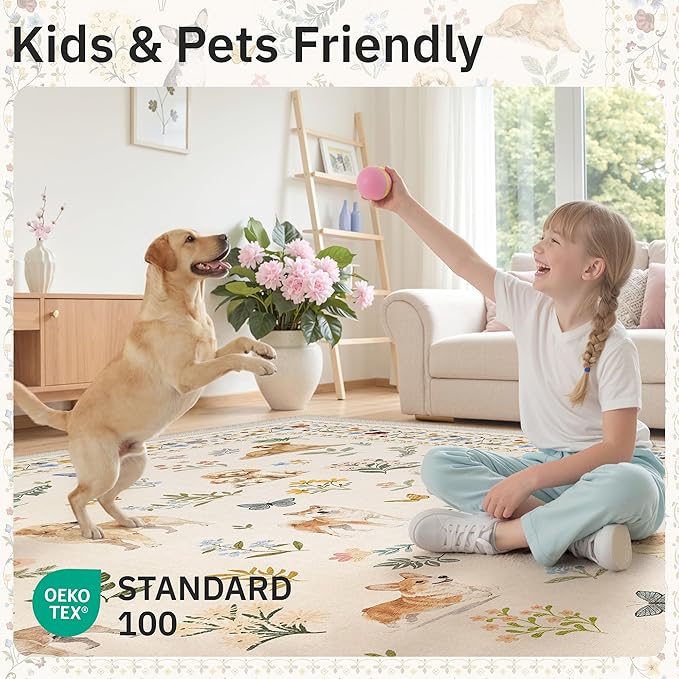 Dog 5x7 Area Rugs for Living Room, Machine Washable Animal Floral Vintage Rug Non-Slip Low Pile Soft Throw Rugs for Kitchen Dining Room Bedroom Nursery Playroom (5 x 7,Beige)