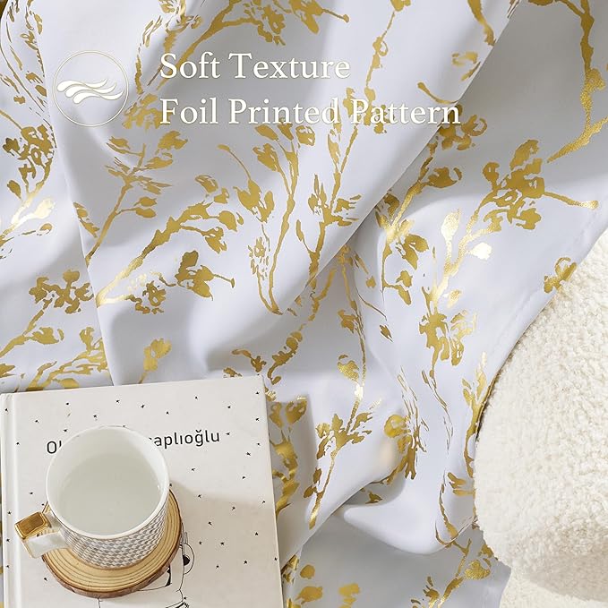 NICETOWN White Blackout Floral Kitchen Valances for Windows, Gold Foil Flower Shadow Printed Scalloped Drapes 18 Inch Length with Rod Pocket for Bathroom, W42×L18, 1 Panel