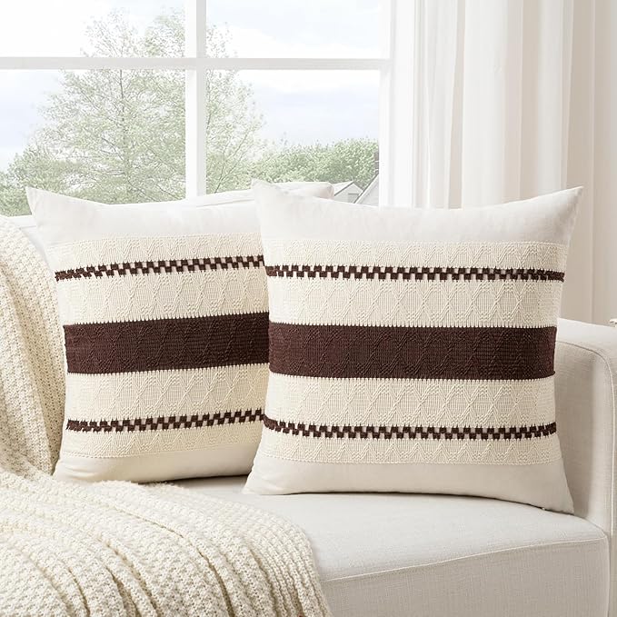 Fancy Homi Set of 1 Boho Brown Euro Decorative Throw Pillow Cover 26x26 Inch for Couch Bed Bedroom, Aesthetic Modern Organic Farmhouse Room Decor, Soft Cotton Accent Macrame Woven Cushion Case